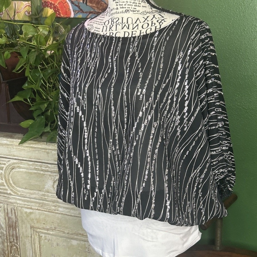 1980s FIRST GLANCE Glittering Polyester Blouson Top Kimono Sleeves Semi-sheer M